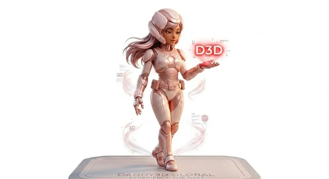 Daddy3D futuristic mascot presenting the D3D identity